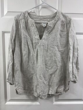 Sigrid Olsen Gray and White Striped Linen-Blend Tunic